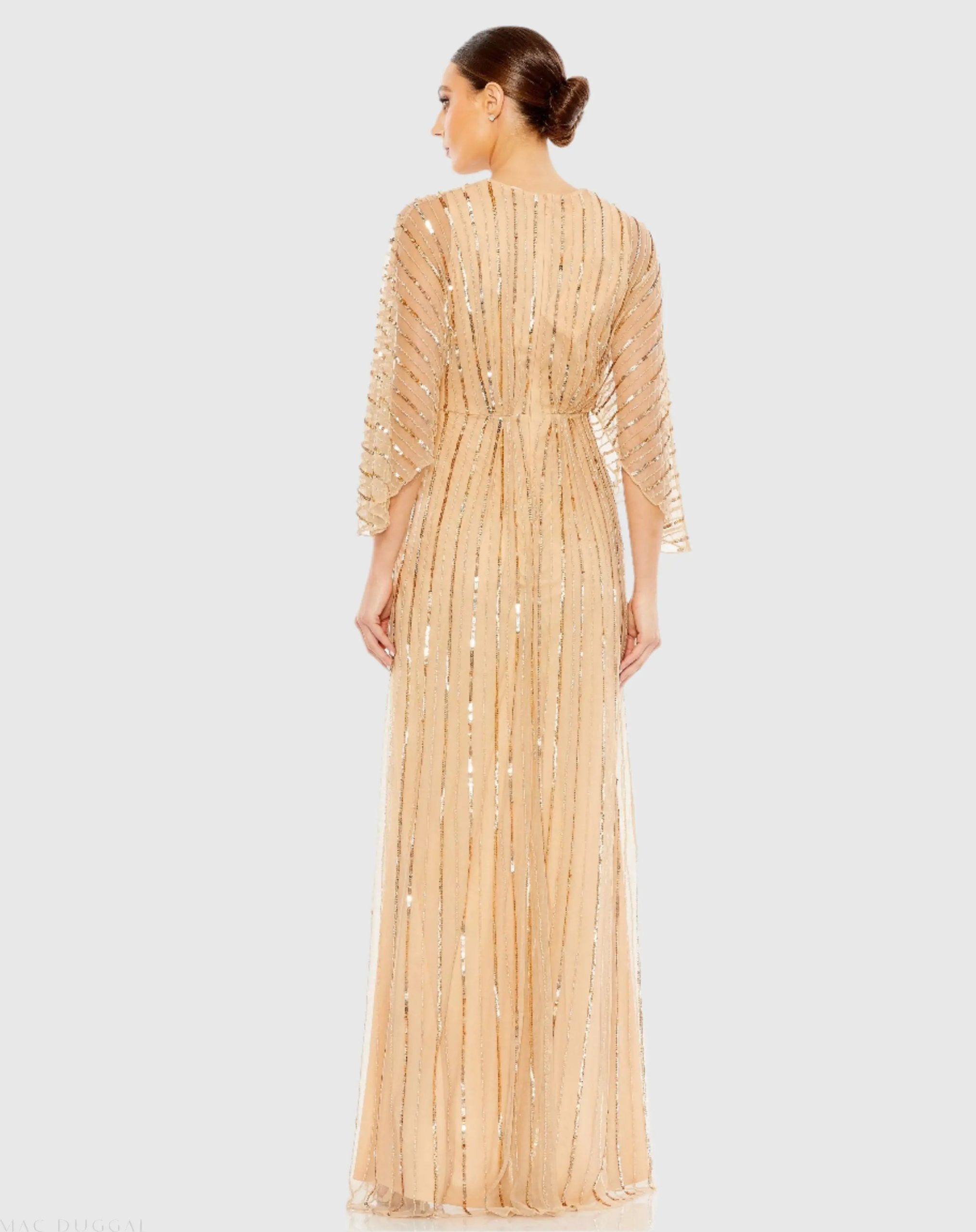Beige Beaded Striping Kimono Sleeve V Neck Gown - FINAL SALE - Image 3