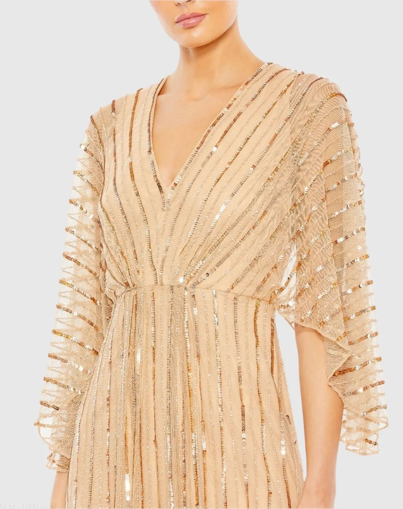 Beige Beaded Striping Kimono Sleeve V Neck Gown - FINAL SALE - Image 2