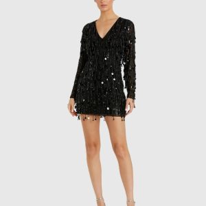Black Long Sleeve Beaded Fringe Plunge Neck Dress
