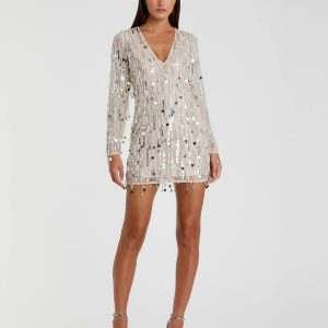 Silver Long Sleeve Beaded Fringe Plunge Neck Dress