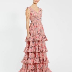 Pink Drawstring Shoulder Chiffon Tiered Floral Dress