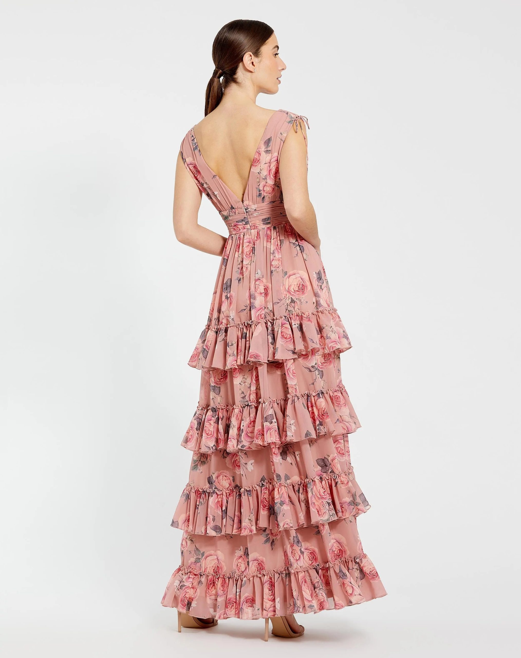 Pink Drawstring Shoulder Chiffon Tiered Floral Dress - Image 3