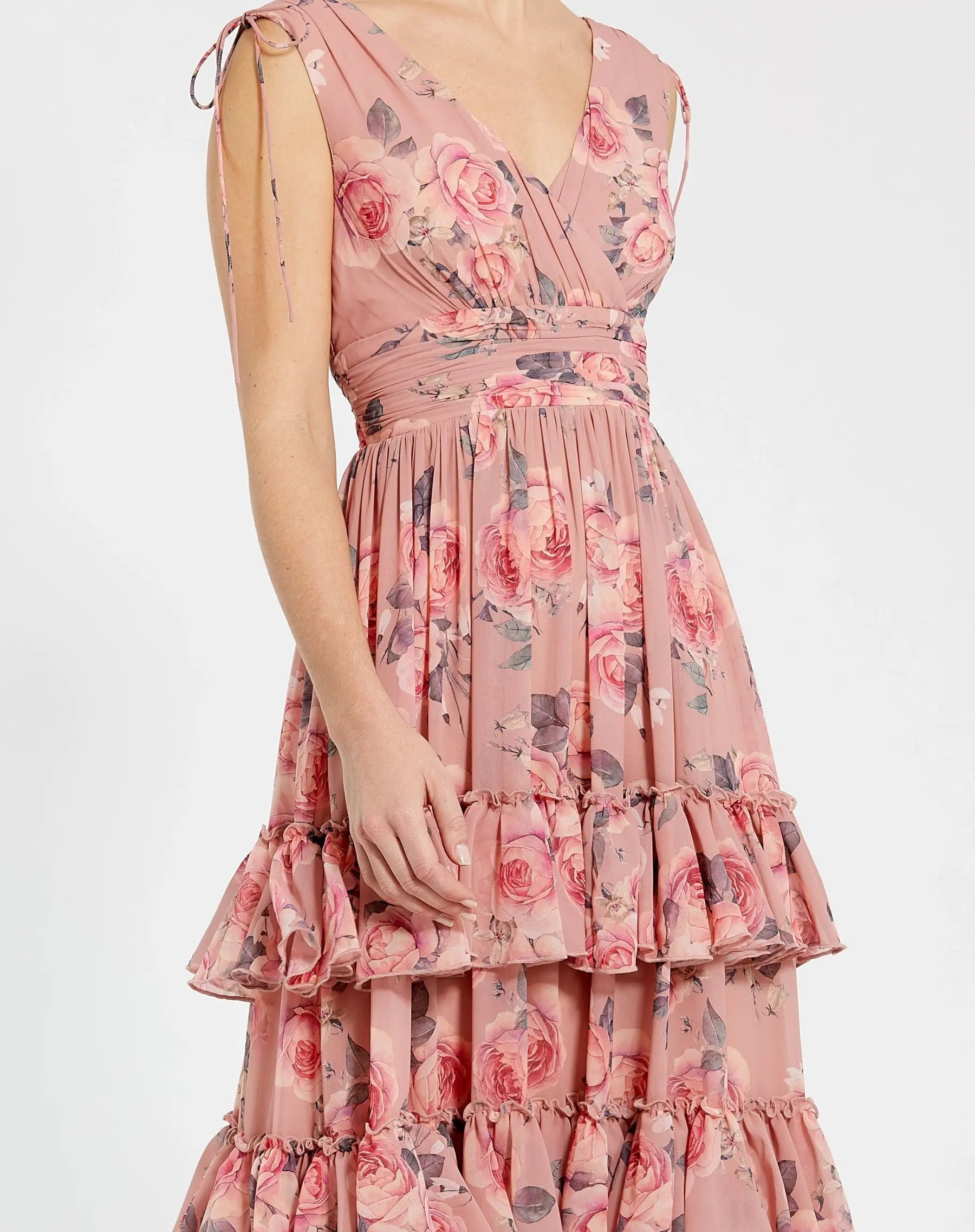 Pink Drawstring Shoulder Chiffon Tiered Floral Dress - Image 2