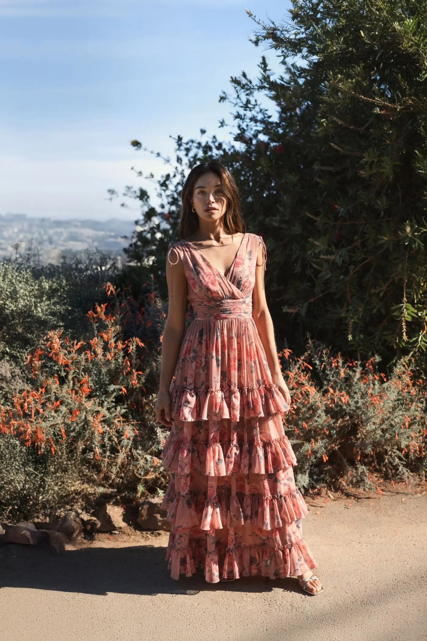 Pink Drawstring Shoulder Chiffon Tiered Floral Dress - Image 4