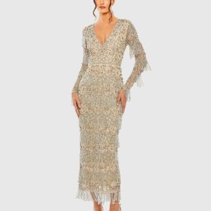 Beige V-Neck Beaded Fringe Embellished Sheath Dress
