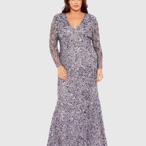 Purple V Neck Embellished Long Sleeve Gown