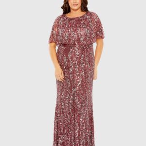 Red High Neck Column Gown with Cape
