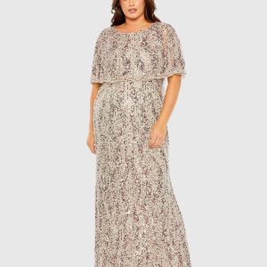 Beige High Neck Column Gown with Cape (Plus) - FINAL SALE