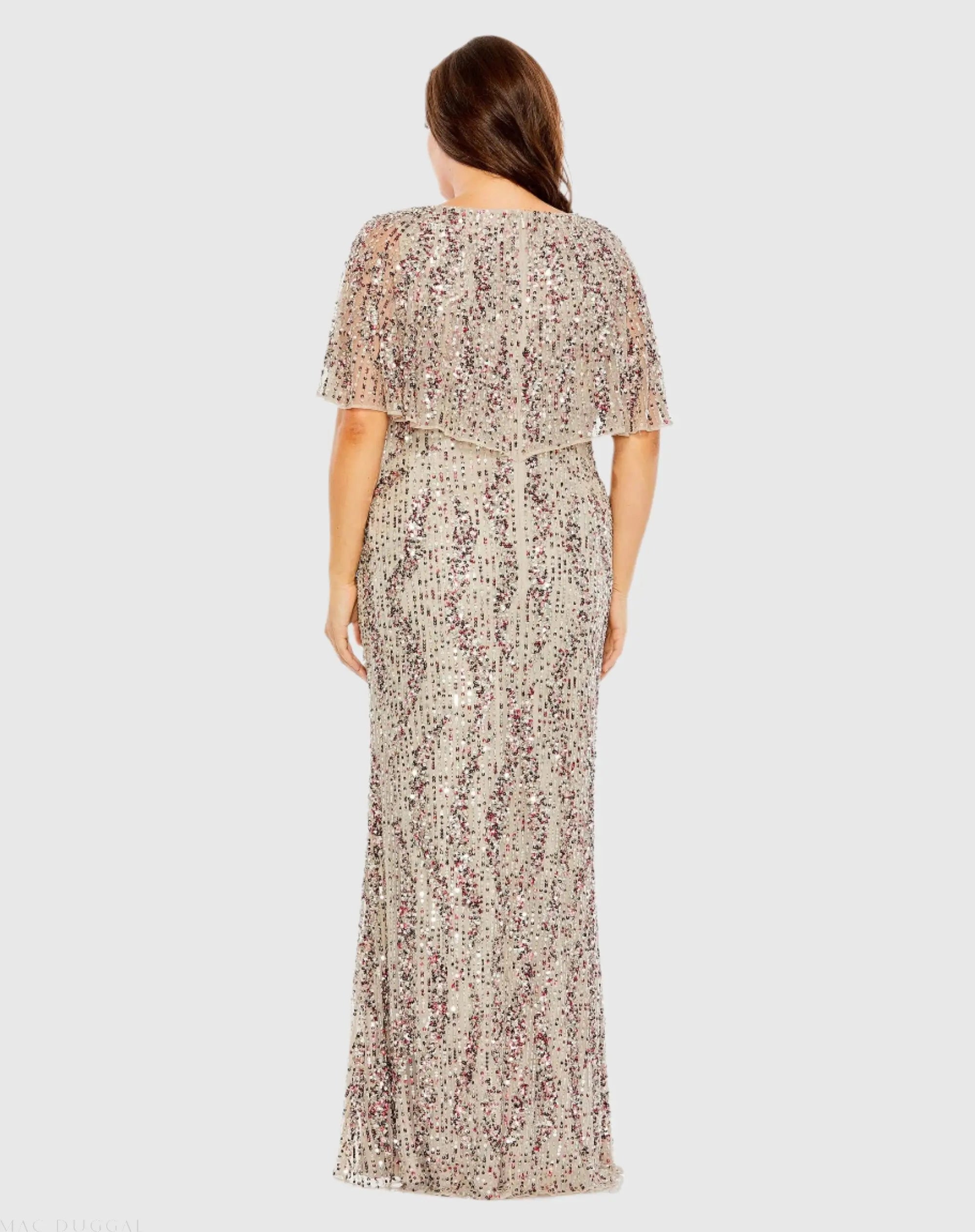 Beige High Neck Column Gown with Cape (Plus) - FINAL SALE - Image 3