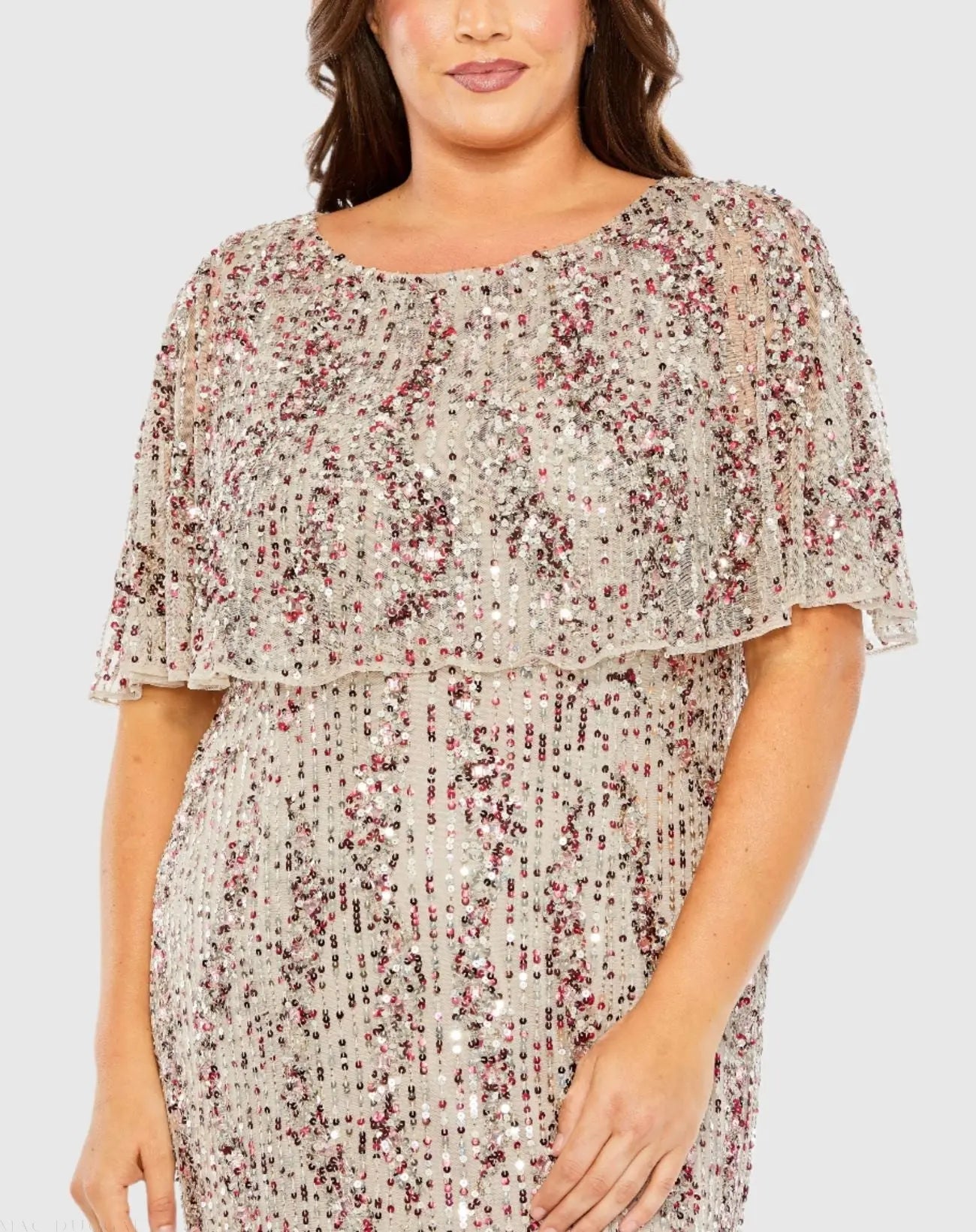 Beige High Neck Column Gown with Cape (Plus) - FINAL SALE - Image 2