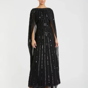 Black Embellished Beaded Column Cape Gown