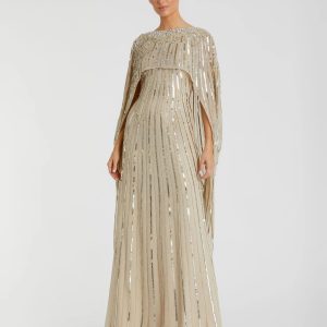 Gold Embellished Beaded Column Cape Gown