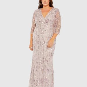 Mid Length Mesh Sleeve V Neck Embellished Gown