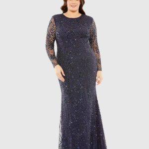 Navy Long Sleeve Mesh Embellished Gown