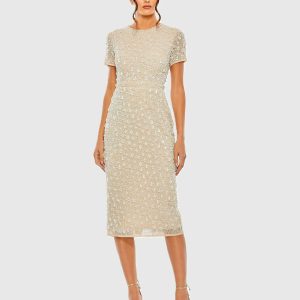 High Neck Short Sleeve Embellished Dress