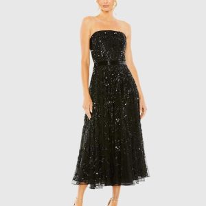 Black Strapless Embellished A Line Dress