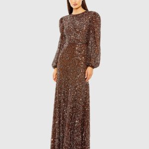 Brown Sheer Long Sleeve Embellished Gown