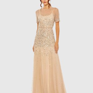 High Neck Short Sleeve Sequin Embellished Gown
