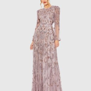 Purple Puff Sleeve Embellished A Line Gown