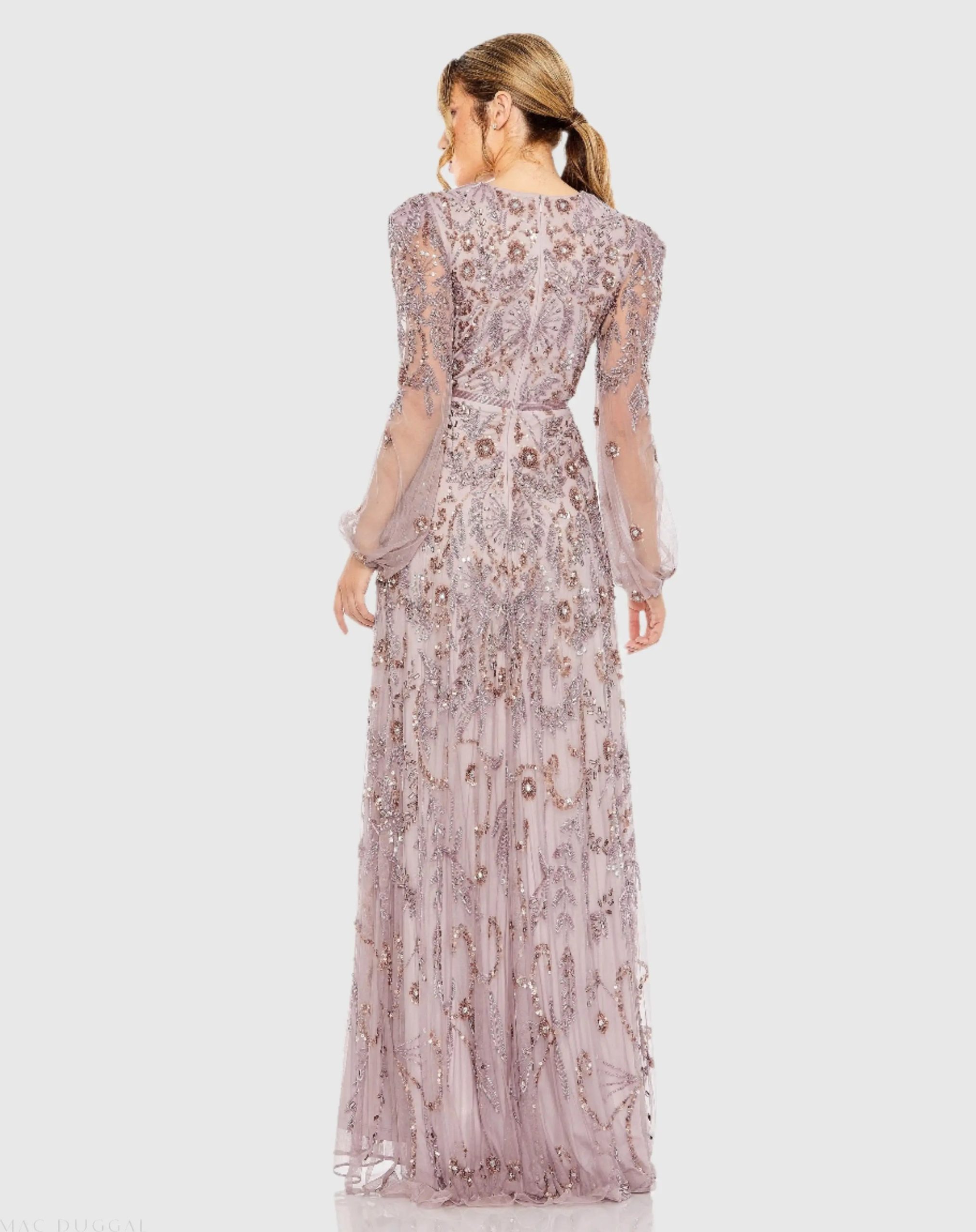 Purple Puff Sleeve Embellished A Line Gown - Image 3