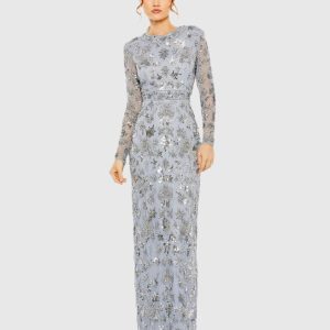 Blue High Neck Long Sleeve Embellished Column Gown