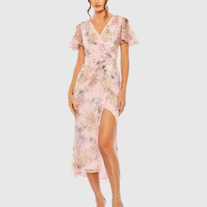 Pink Embellished Floral Flutter Sleeve Midi Dress