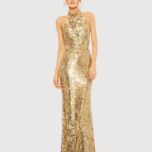 Open Back High Neck Sequin Gown