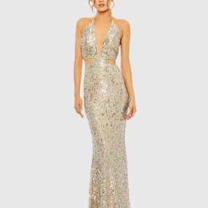Cut Out Halter Tie Back Sequin Gown