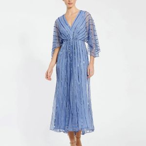 Blue Beaded Kimono V-Neck Empire Midi Dress