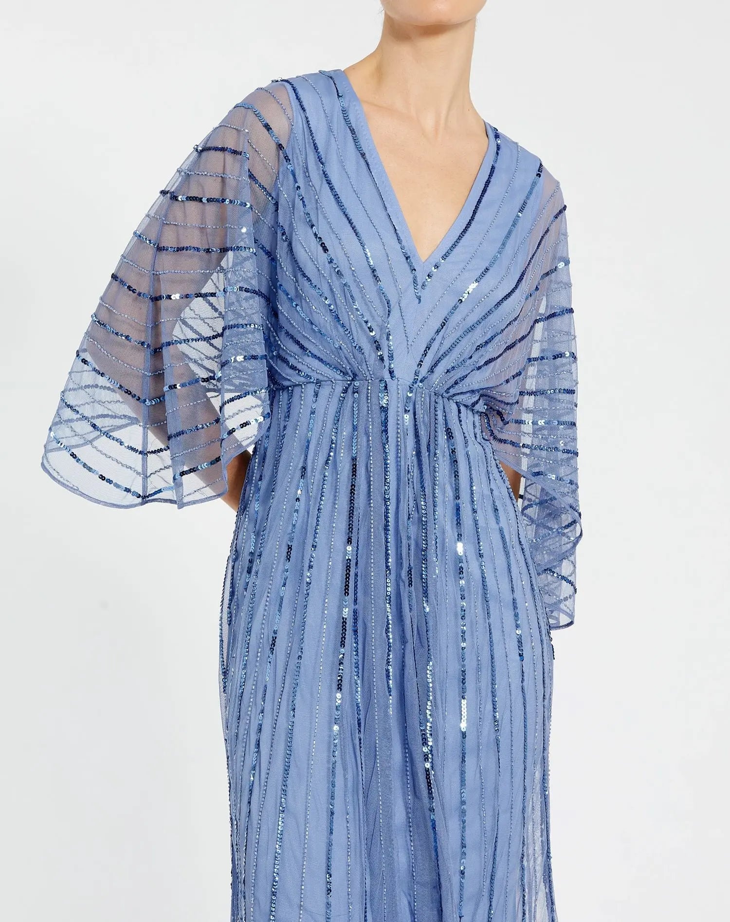 Blue Beaded Kimono V-Neck Empire Midi Dress - Image 2