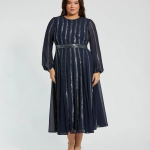 Navy Long Sheer Sleeve Sequin Dress (Plus)