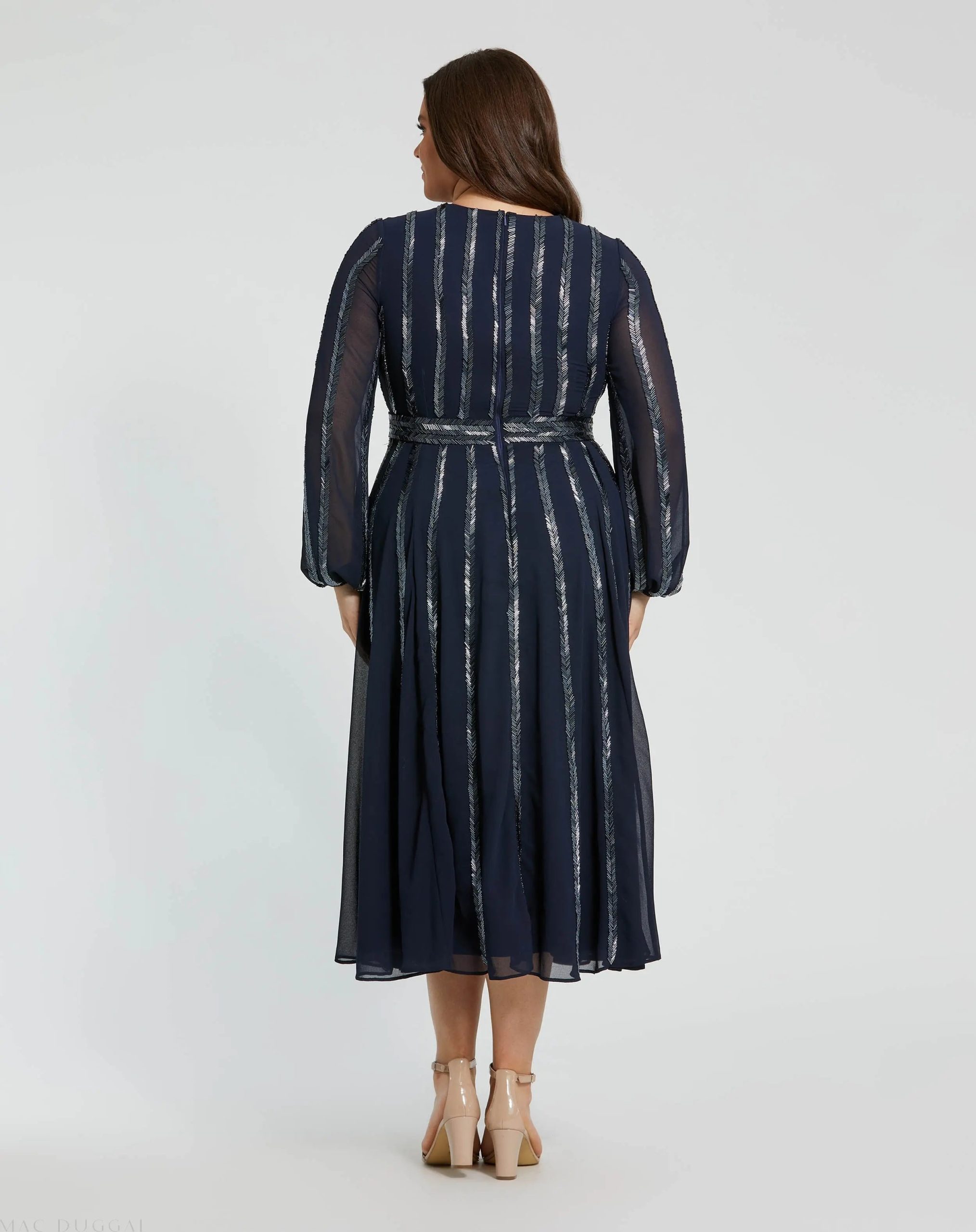 Navy Long Sheer Sleeve Sequin Dress (Plus) - Image 3