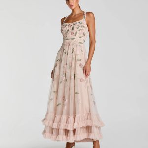 Pink Ruffle Midi Dress with Floral Embroidery