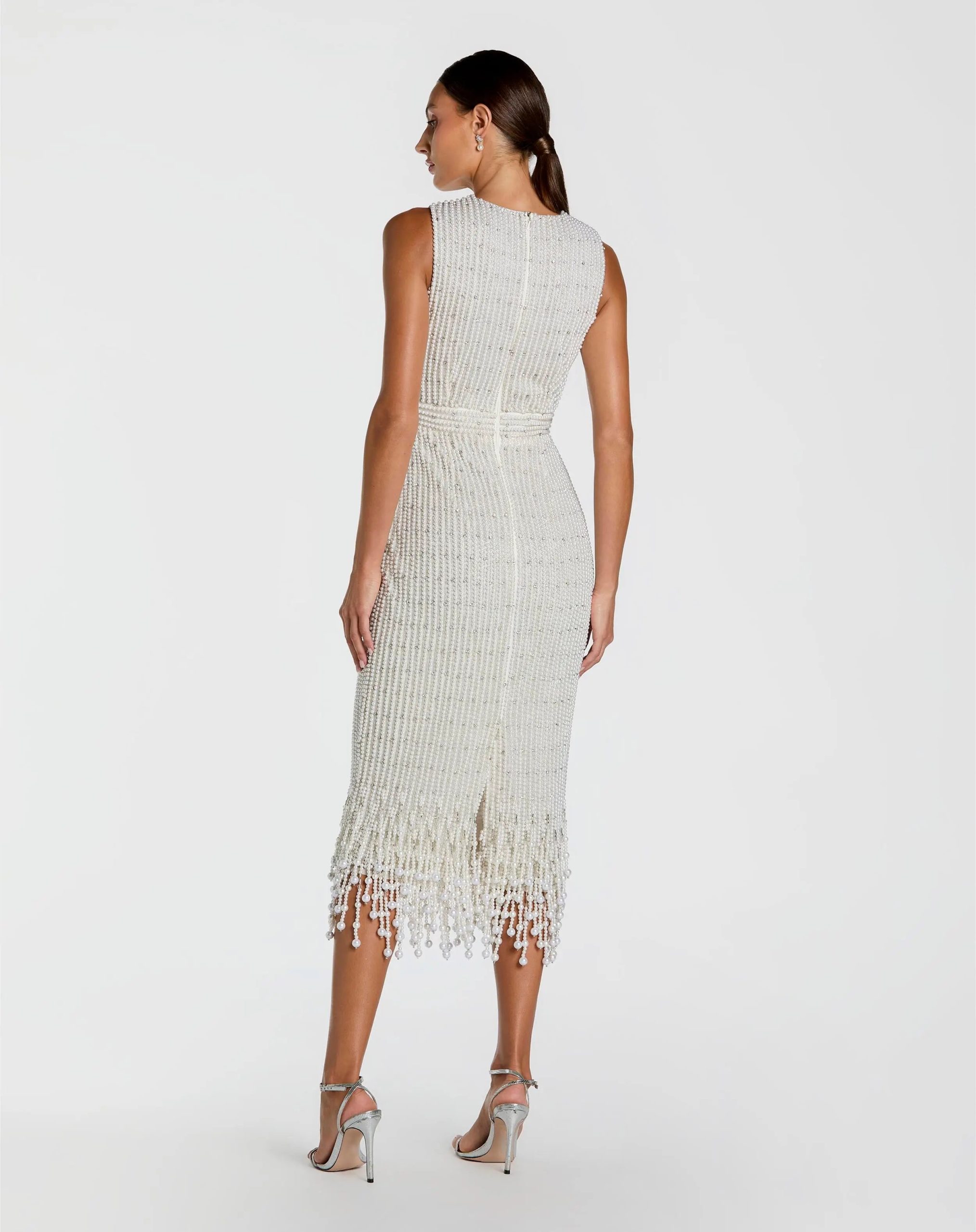 White Pearl Embellished Sleeveless Midi Dress - Image 3