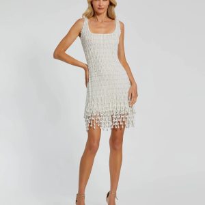 White Pearl Beaded Square Neck Mini Dress