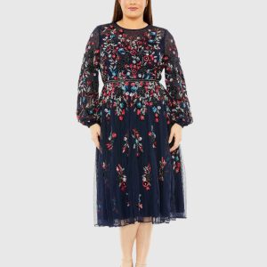 Navy Long Sleeve Beaded Cocktail Dress
