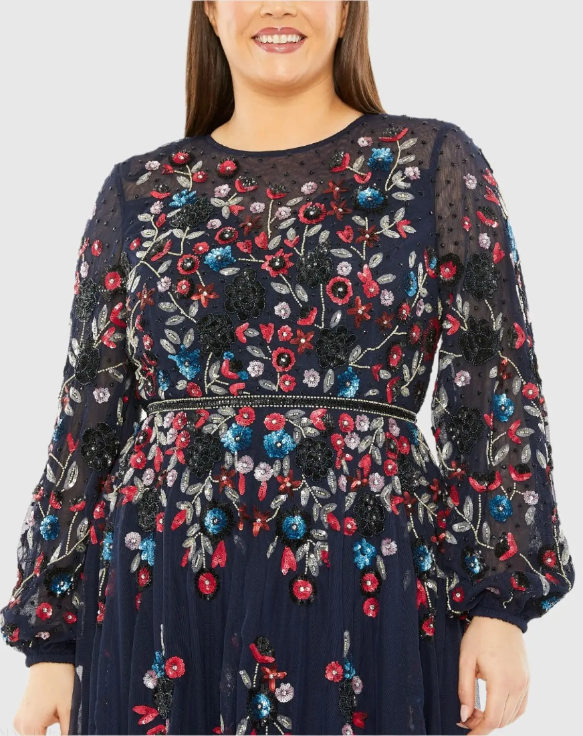 Navy Long Sleeve Beaded Cocktail Dress - Image 2