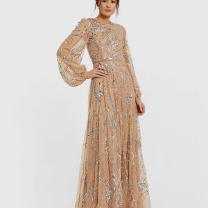 Beige Embellished High Neck Puff Sleeve Gown