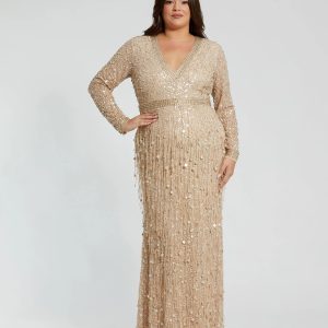 Beige Embellished Fringe Long Sleeve Gown (Plus)