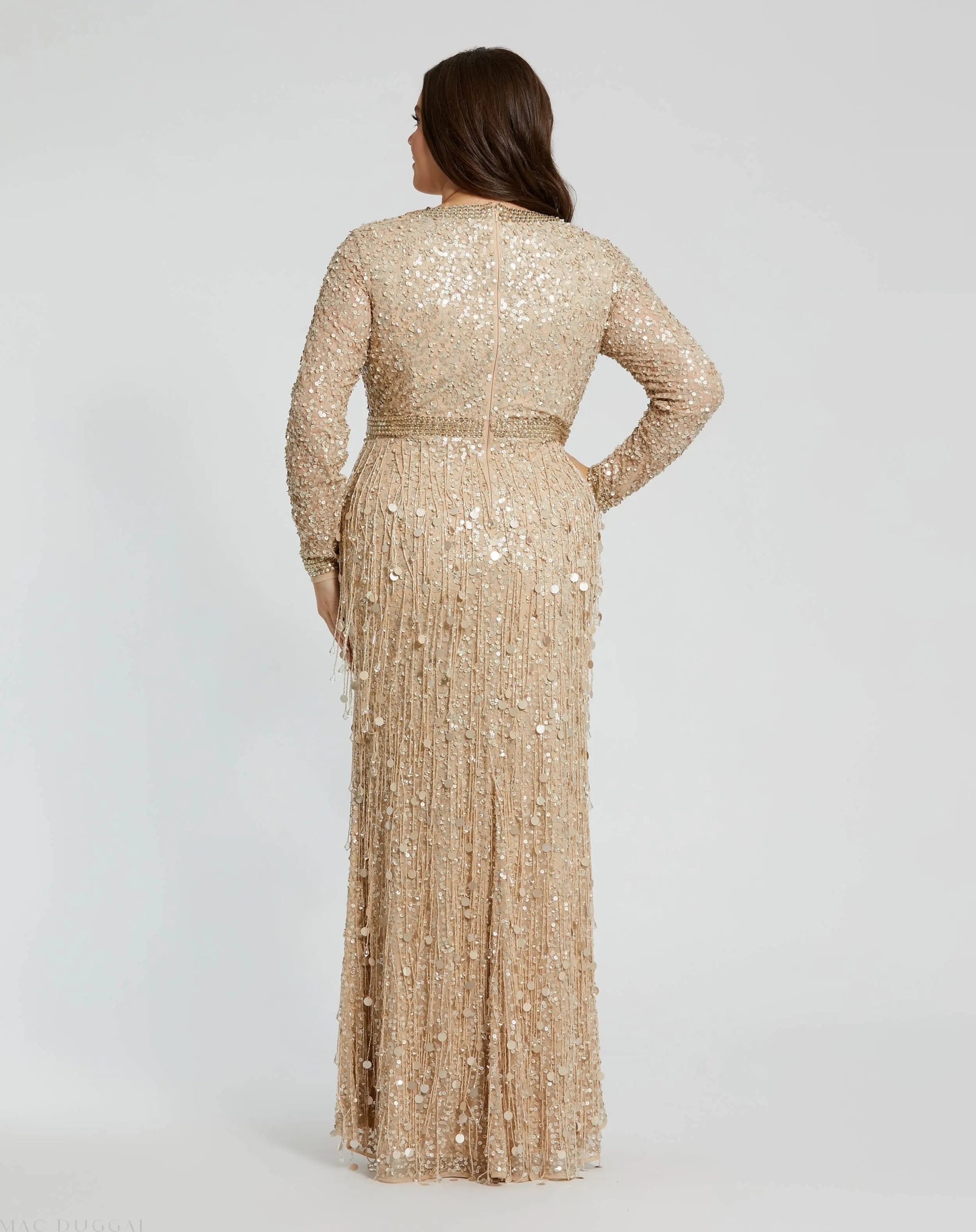 Beige Embellished Fringe Long Sleeve Gown (Plus) - Image 3