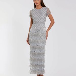 Blue Cap Sleeve Embellished Fringe Maxi Dress