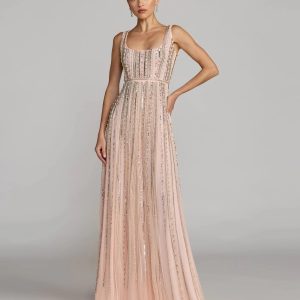 Pink Scoop Neck A-Line Gown With Striped Beading