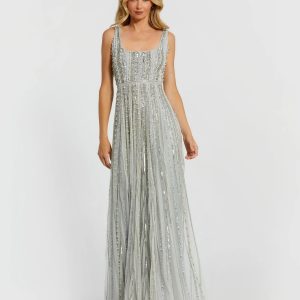 Green Scoop Neck A-Line Gown With Striped Beading