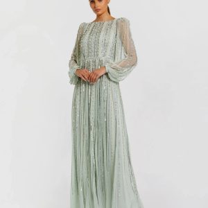 Green Boat Neck Long Sleeve Beaded Gown