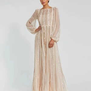 Pink Boat Neck Long Sleeve Gown With Striped Beading