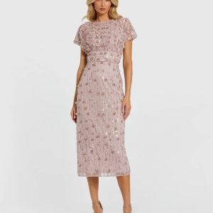 Pink Cap Sleeve Sheath Midi Dress With Floral Beading