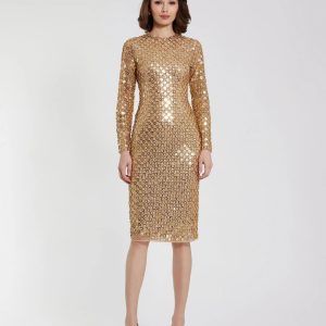 Gold Beaded Georgette Long Sleeve Fitted Midi Dress - FINAL SALE