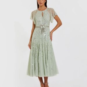 Green Embellished Bow Flutter Sleeve A Line Midi Dress