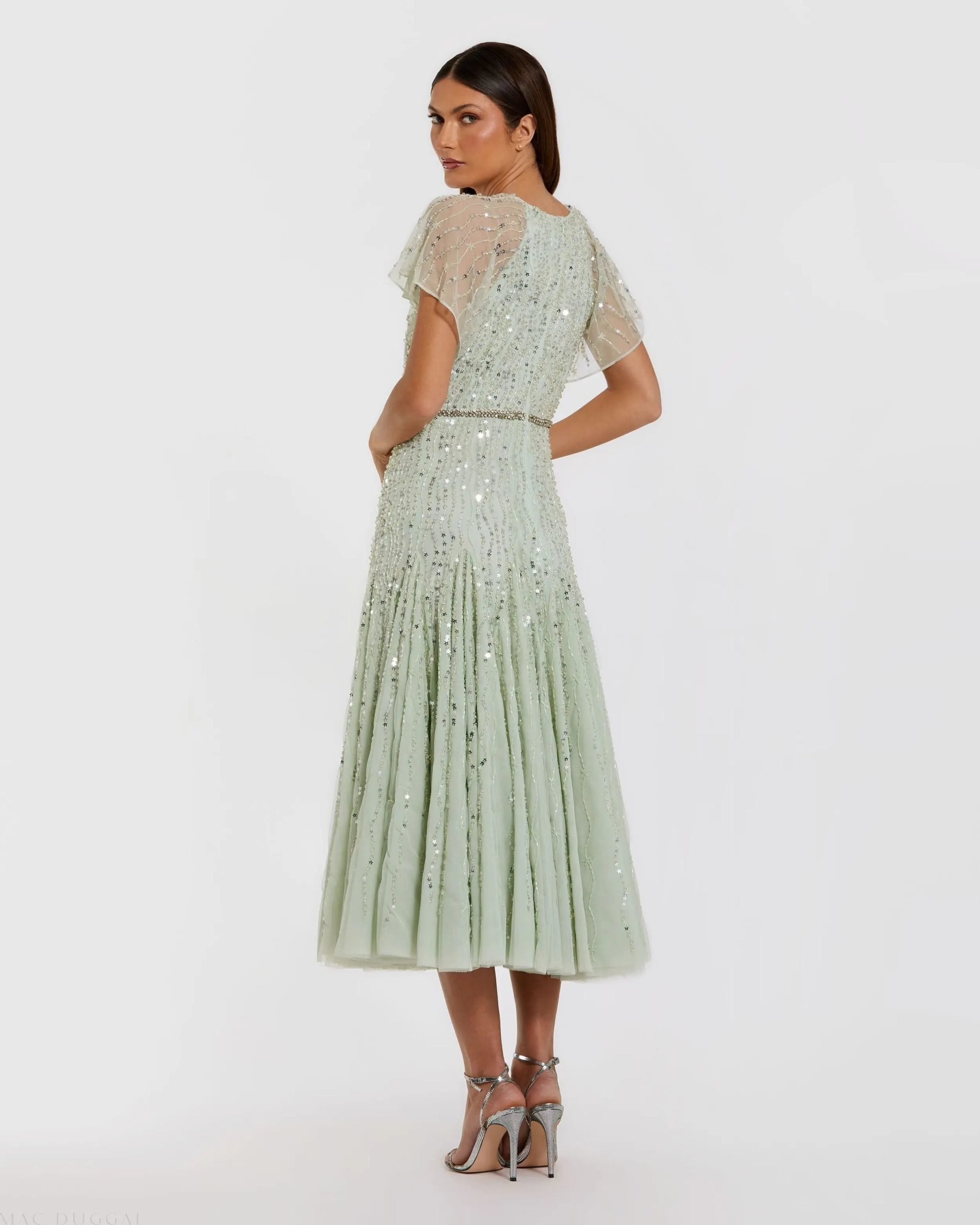 Green Embellished Bow Flutter Sleeve A Line Midi Dress - Image 3