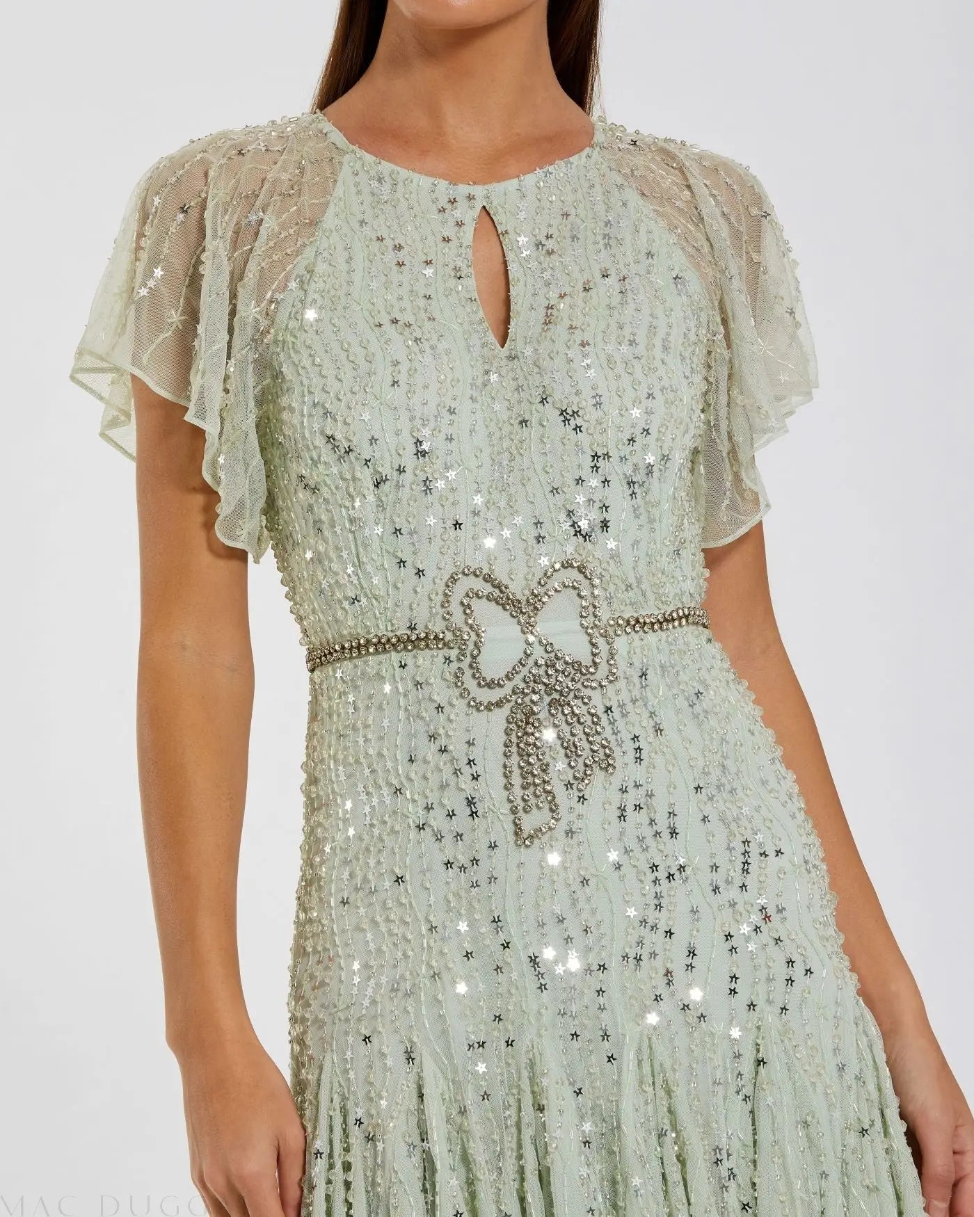 Green Embellished Bow Flutter Sleeve A Line Midi Dress - Image 2